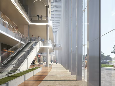 Modern Lobby Reception Desk Design With Glass Curtain Wall And Green Plants 3d model