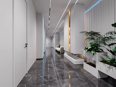 Modern Elevator Hallway With Sleek Marble Floor Recessed Lighting And Green Plants Decoration 3d model