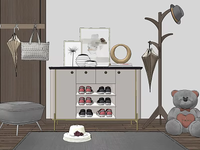 Modern Shoe Cabinet with Glass Doors and Shoes Featuring Decorative Frames and Coat Rack 3d model