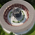 Ancient Chinese Pagoda Architecture With Multi Story Structure Overhanging Eaves Circular Corridor And Green Plants