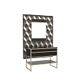 Bathroom Vanity With Geometric Patterned Wall In Black White Gold Marble Countertop And Gold Faucet