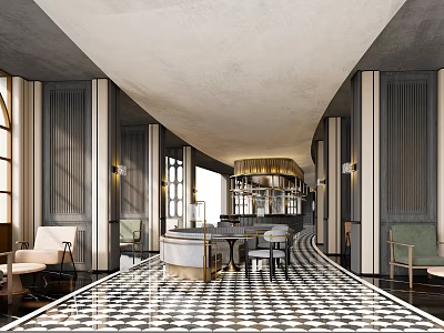 Modern Luxury Restaurant With Black And White Checkered Floor Bar Counter Leather Seats And Chandeliers 3d model