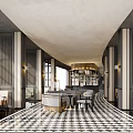 Modern Luxury Restaurant With Black And White Checkered Floor Bar Counter Leather Seats And Chandeliers