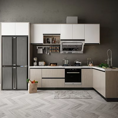 Elegant Modern Kitchen With White Light Wood Cabinets Countertop And Appliances 3d model
