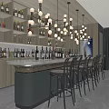 Modern Bar Interior With Bar Counter Pendant Lights Wooden Shelves And Bar Stools