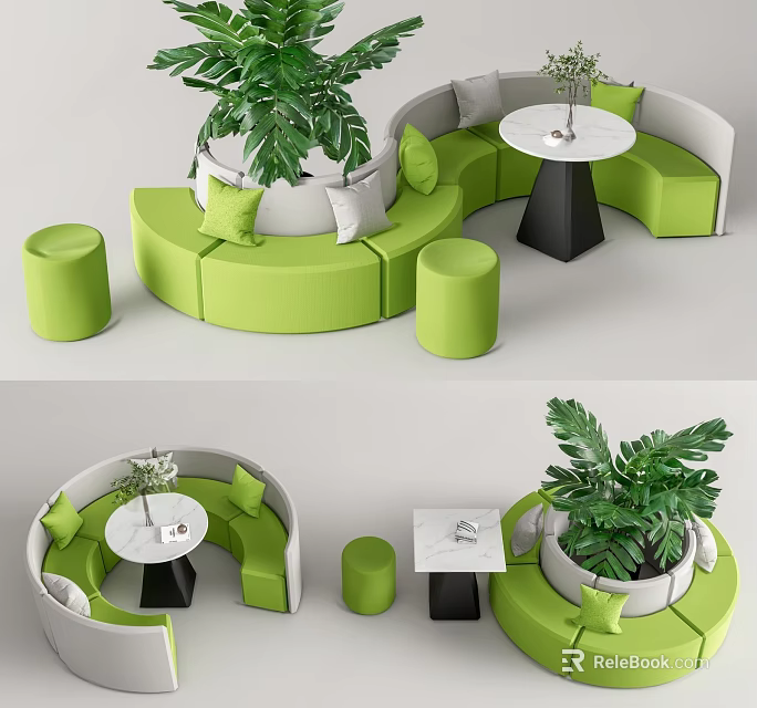 Green Curved Sectional Sofa With Round Side Tables Stools And Potted Plant 3d model 