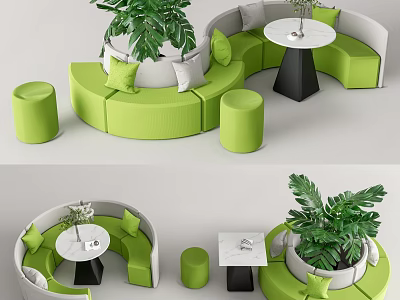 Green Curved Sectional Sofa With Round Side Tables Stools And Potted Plant 3d model
