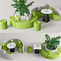 Green Curved Sectional Sofa With Round Side Tables Stools And Potted Plant