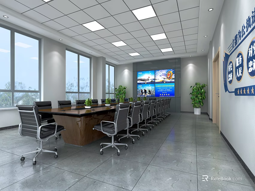 Modern Conference Room With Long Table Office Chairs Large Screen And Green Plants 3d model 