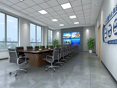 Modern Conference Room With Long Table Office Chairs Large Screen And Green Plants 3d model