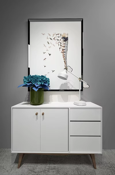 White Console Table with Green Vase Blue Flowers White Table Lamp and Decorative Wall Art 3d model