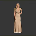 Elegant Deep V Neck Beige Long Dress With Flowy Fabric And Slim Fit Design