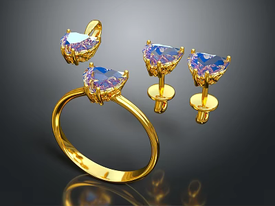 Elegant Gold Ring and Earrings with Purple Gemstones in Heart Shaped Triangular Cuts 3d model