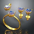 Elegant Gold Ring and Earrings with Purple Gemstones in Heart Shaped Triangular Cuts