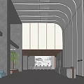 Modern Front Desk Reception Lobby With Large Glass Windows Gray Walls and White Curved Ceilings