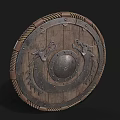 Medieval Wooden Shield With Dragon Carvings Metal Decorations Central Metal Disc And Rope Edge