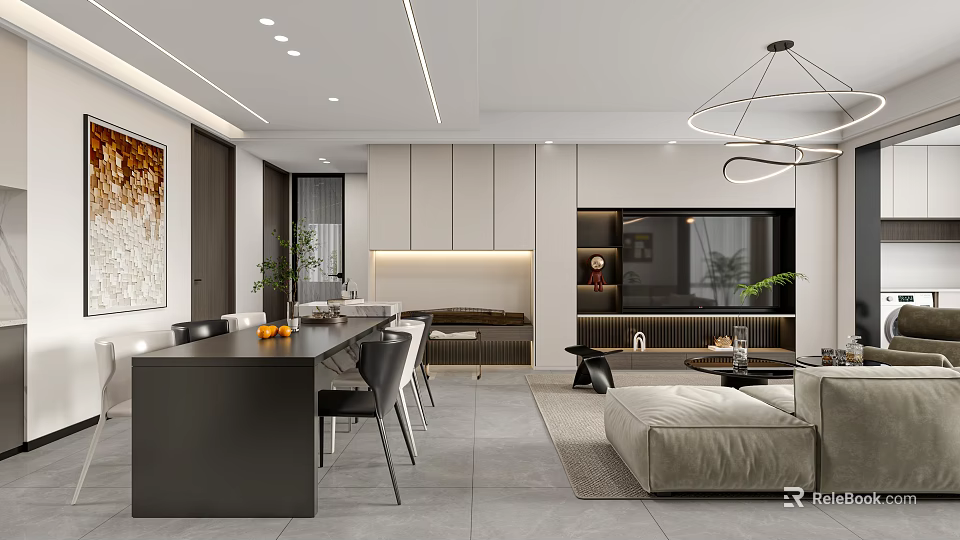 Modern Living Dining Room Interior With Dining Table Chairs Sofa Pendant Light And Artwork Decor 3d model