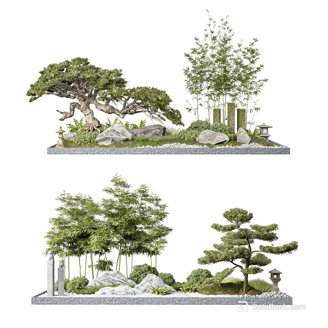 Courtyard Garden Design With Pine Trees Bamboo Stones And Lantern Decorations 3d model 