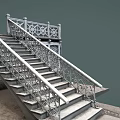 Decorative Stone Staircase With Ornate Metal Railings And Lattice Wall Design