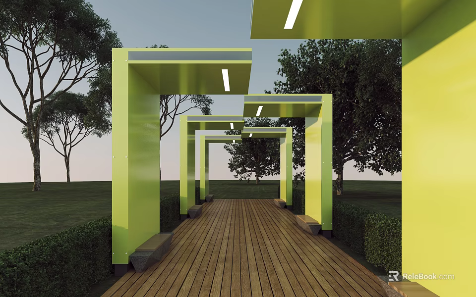 Green Pergola with Arched Structures Wooden Floor and Roof Lights Surrounded by Trees and Lawn 3d model 