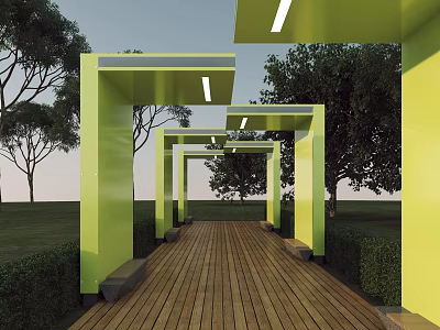 Green Pergola with Arched Structures Wooden Floor and Roof Lights Surrounded by Trees and Lawn 3d model