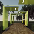 Green Pergola with Arched Structures Wooden Floor and Roof Lights Surrounded by Trees and Lawn