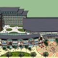 Modern Hotel Building Design with Landscaped Plaza Palm Trees and Open Courtyard
