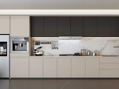Modern Kitchen Interior Featuring Dark Upper And Light Lower Cabinets With Marble Countertop 3d model