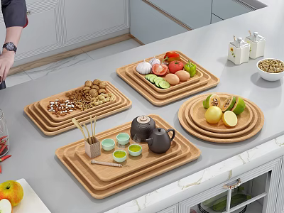 Variety Of Foods Arranged On Wooden Trays In Kitchen 3d model