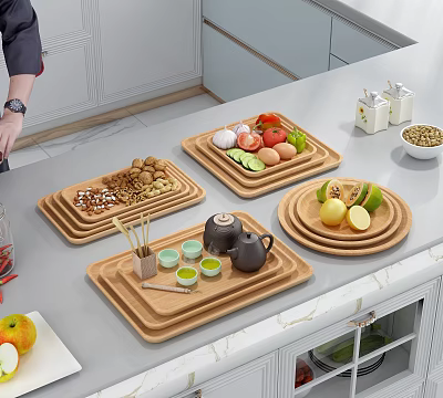 Variety Of Foods Arranged On Wooden Trays In Kitchen 3d model