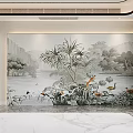 Elegant Sofa Background Wall With Natural Scenery Mountain Landscape Green Plants And Cranes