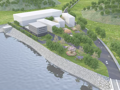 Scenic Waterfront Landscape Design with Stone Revetment Green Vegetation and Modern Buildings 3d model