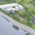 Scenic Waterfront Landscape Design with Stone Revetment Green Vegetation and Modern Buildings