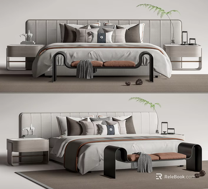 Modern Double Bed With Upholstered Headboard Bedside Tables And Decorative Pillows 3d model 