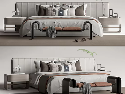 Modern Double Bed With Upholstered Headboard Bedside Tables And Decorative Pillows 3d model