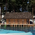 Serene Forest Boutique Villa With Thatched Roof Over Clear Water Surrounded By Tall Trees