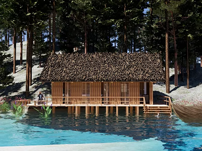Serene Forest Boutique Villa With Thatched Roof Over Clear Water Surrounded By Tall Trees 3d model