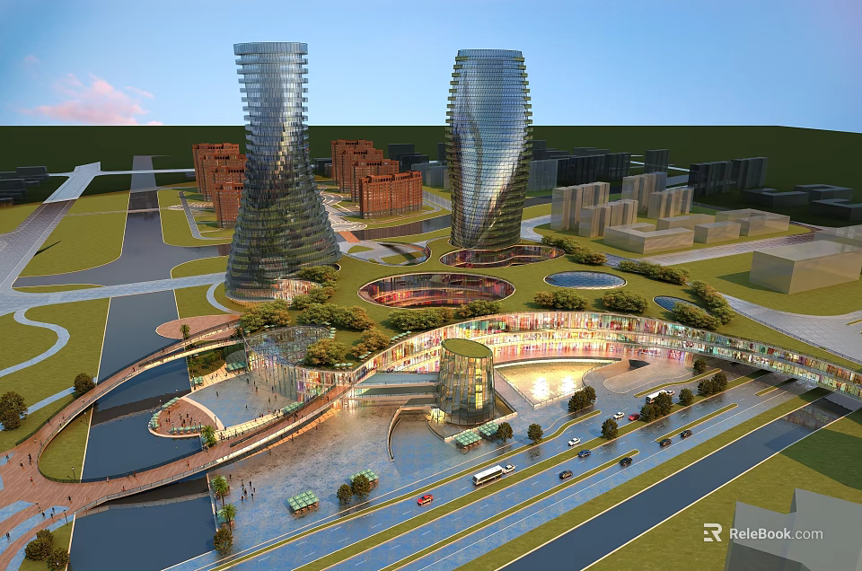 Modern Bird's Eye View Urban Planning With Skyscrapers Green Spaces And Water Features 3d model 