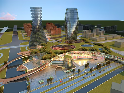 Modern Bird's Eye View Urban Planning With Skyscrapers Green Spaces And Water Features 3d model