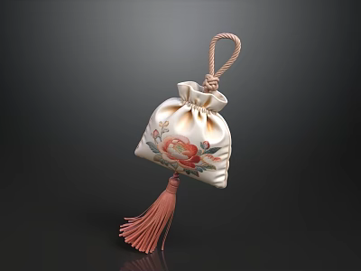 Elegant Decorative Ornament Set with Floral Pattern Fabric Pouch and Pink Tassel 3d model