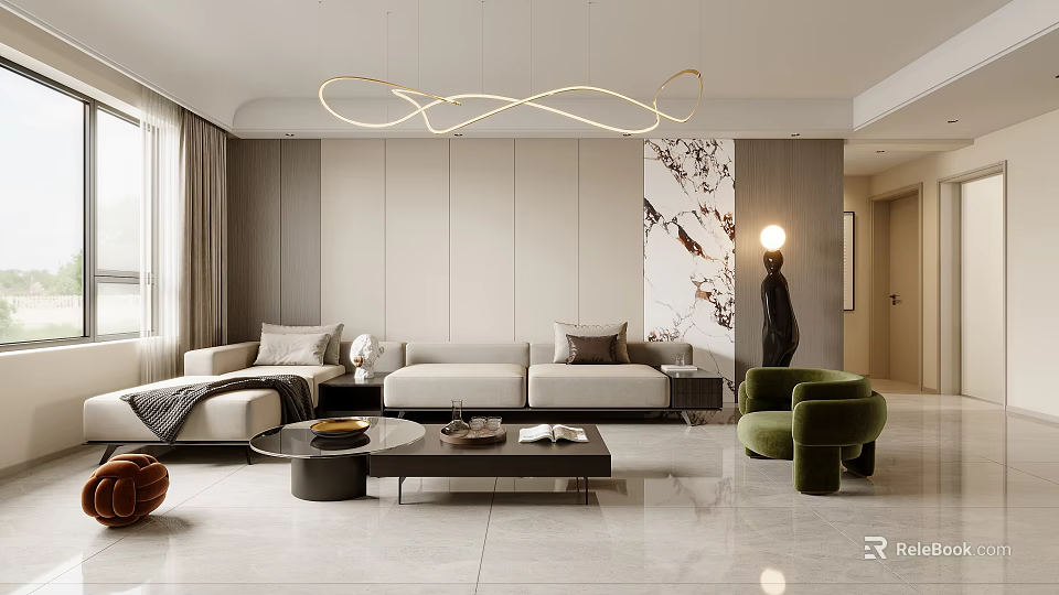 Modern Living Dining Room Interior With Light Gray Sofa Coffee Table And Pendant Light 3d model