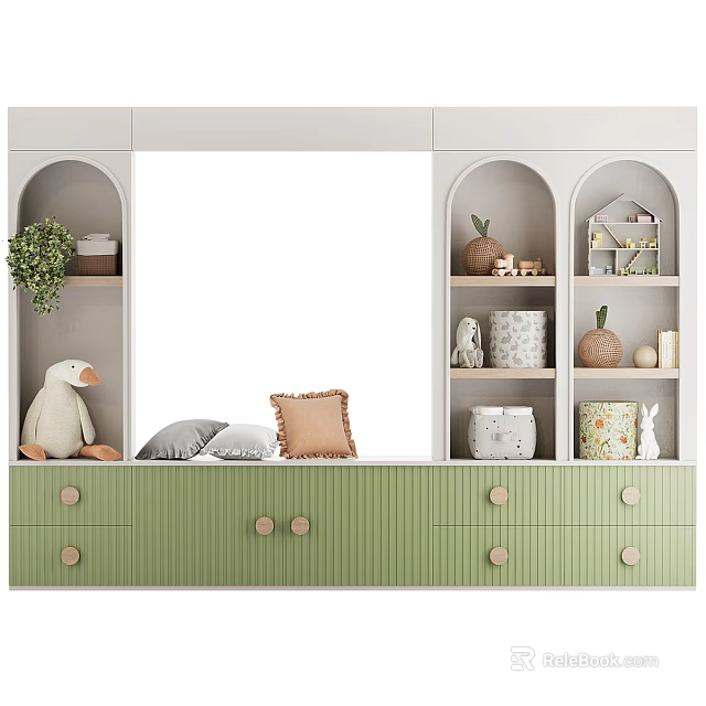 Ribbed Green Children's Bed With Drawers And Arched Shelves For Stuffed Toys And Decorations 3d model 