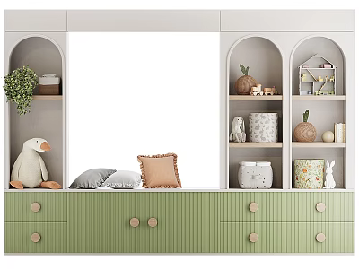 Ribbed Green Children's Bed With Drawers And Arched Shelves For Stuffed Toys And Decorations 3d model