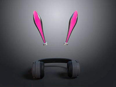 Stylish Black Headphones With Glowing Pink Rabbit Ear Decorations on Dark Background 3d model
