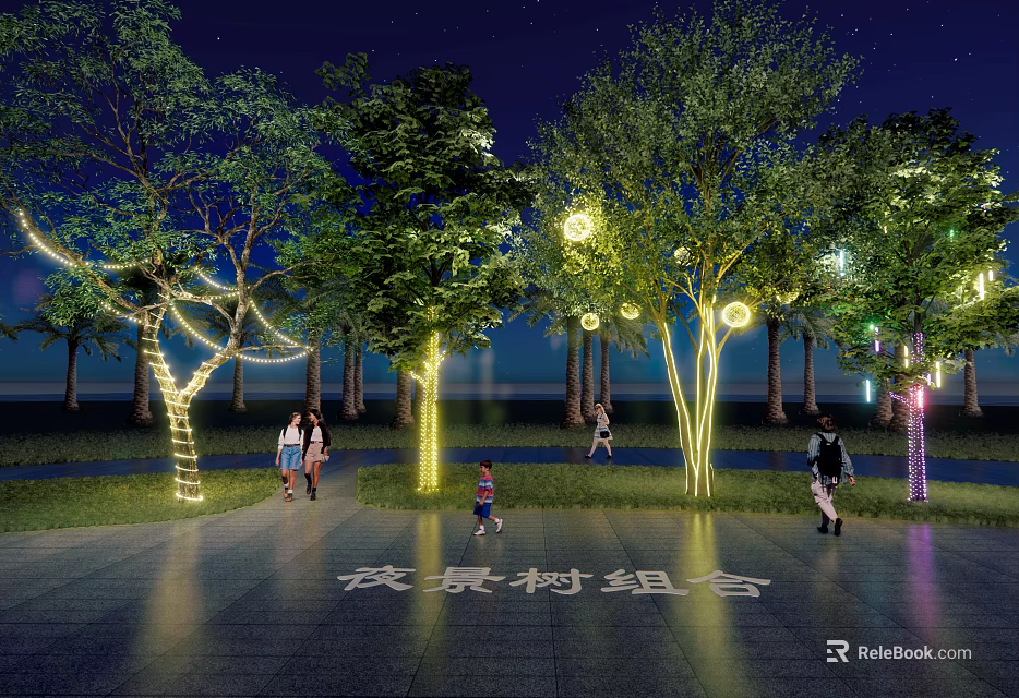 Night Garden Landscape With Illuminated Trees People Walking Grass And Paved Ground 3d model 
