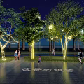 Night Garden Landscape With Illuminated Trees People Walking Grass And Paved Ground