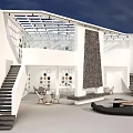 Modern Open Architectural Space With White Walls Glass Roof And Black Sculptures