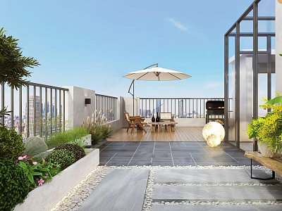Rooftop Garden Outdoor Space With Umbrella Wooden Table Chairs Grill Green Plants And Stone Pathway 3d model