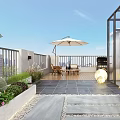 Rooftop Garden Outdoor Space With Umbrella Wooden Table Chairs Grill Green Plants And Stone Pathway