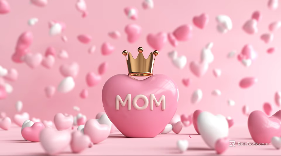 Pink Heart shaped Landscape Sculpture with Golden Crown Featuring MOM Lettering Surrounded by Small Hearts 3d model 